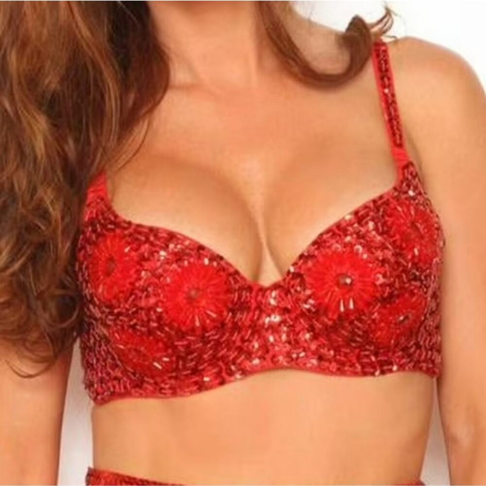 Sequin Floral Red Raver Belly Dance Bra Size L/XL